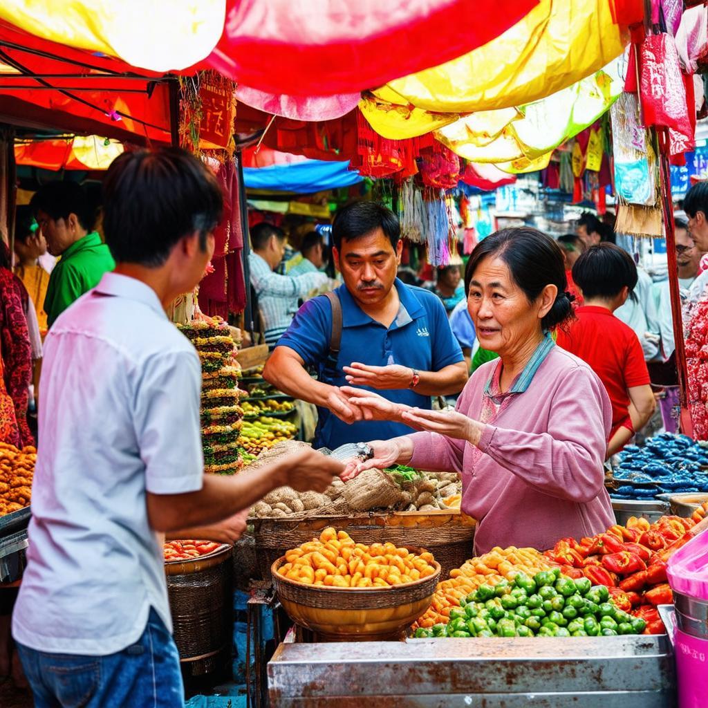 Cảnh người dân mua bán, trò chuyện, thể hiện văn hóa đặc trưng của chợ truyền thống Việt Nam.